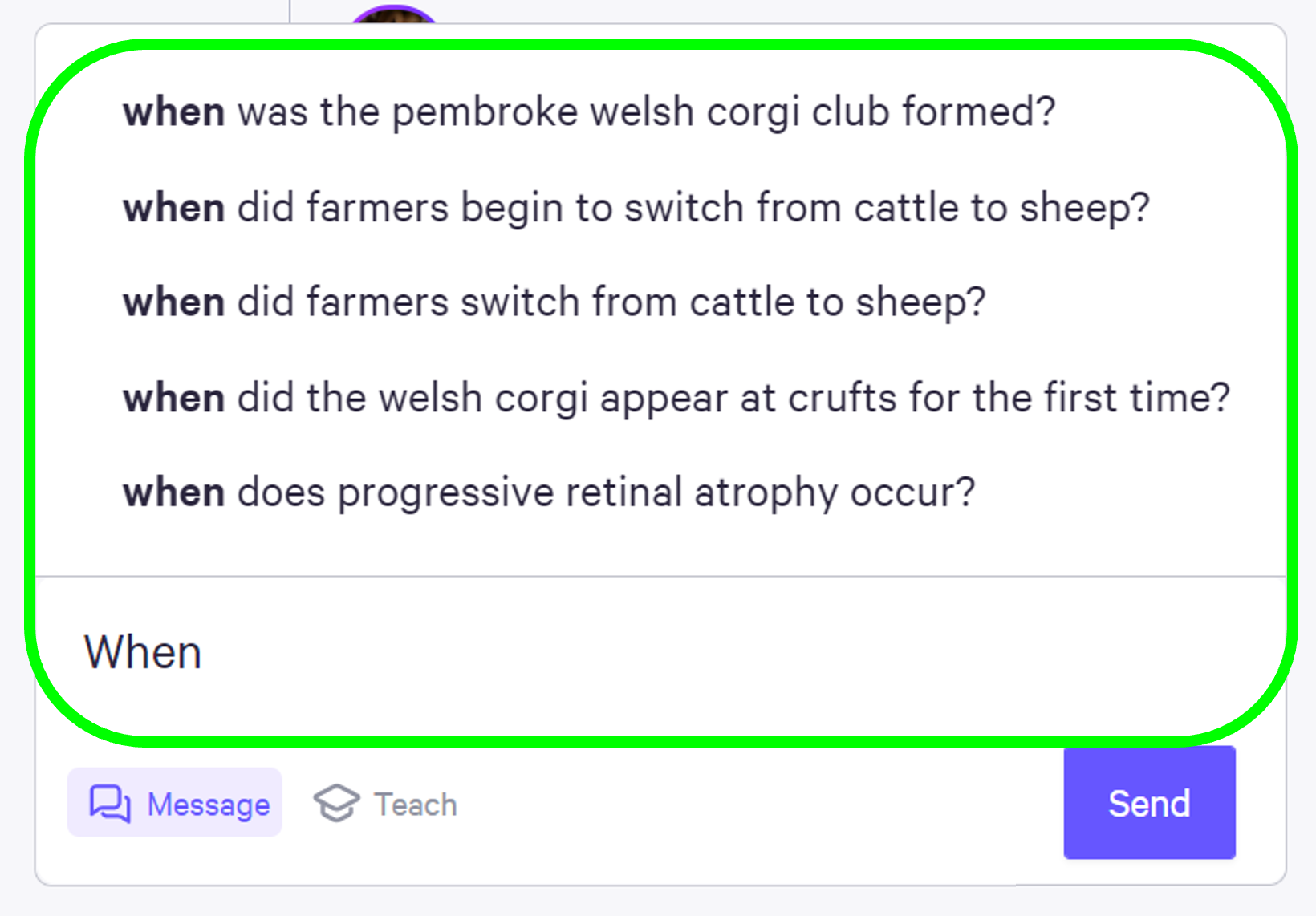Screenshot of question suggestions