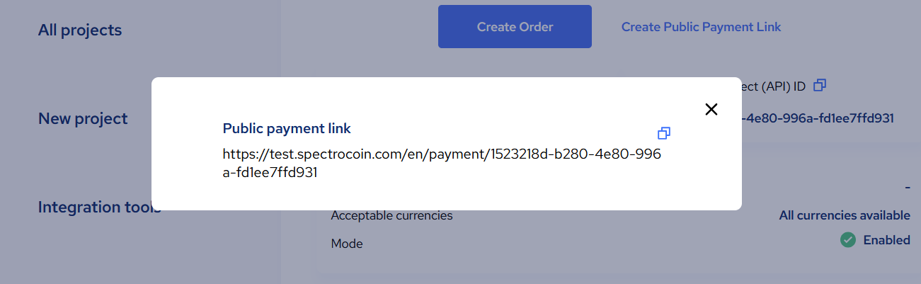 Generated public payment link popup.