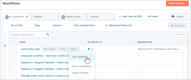 Screenshot of the **Workflows** page options