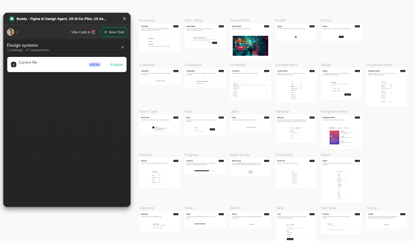 Buddy design system import settings showing library selection inside the plugin