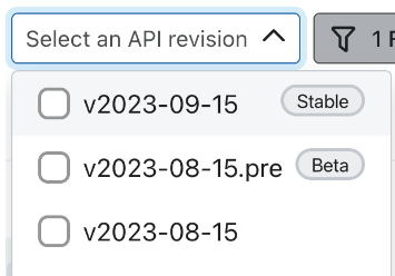 A dropdown menu showing stable, beta, and previous API revisions.