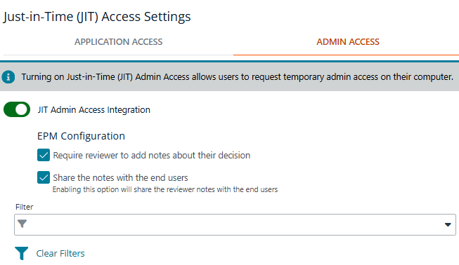 JIT administration access settings