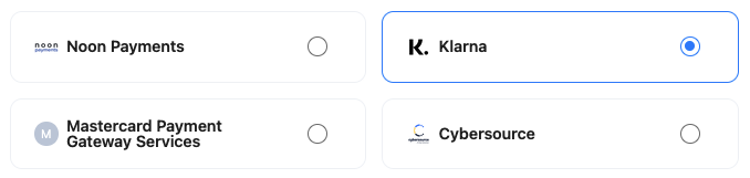 A screenshot showing the Klarna integration selected.