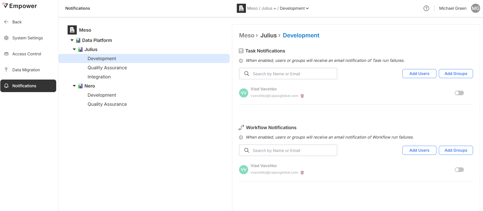 In Settings -> Notifications, you can configure task and workflow run notifications on the environment/organization/enterprise level.