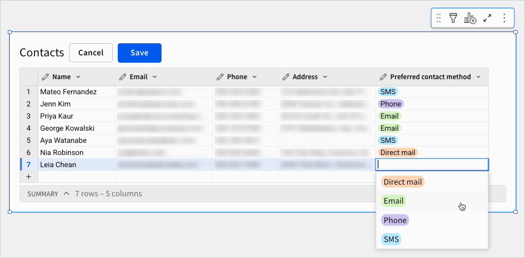 Image showing a single-select column populated with selected values and the option dropdown open for the last row.