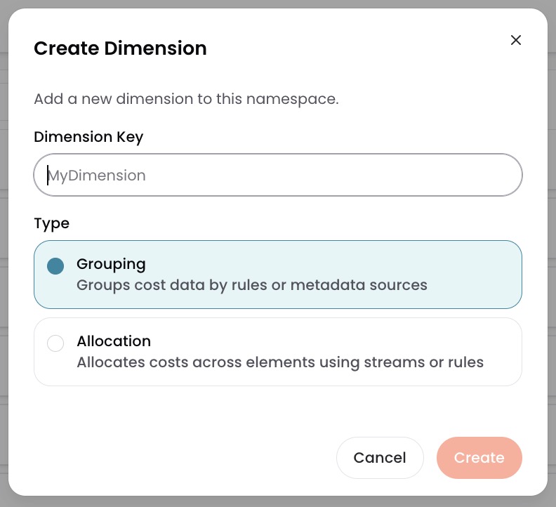 New Dimension dialog with Dimension Key, type selector, and Create button