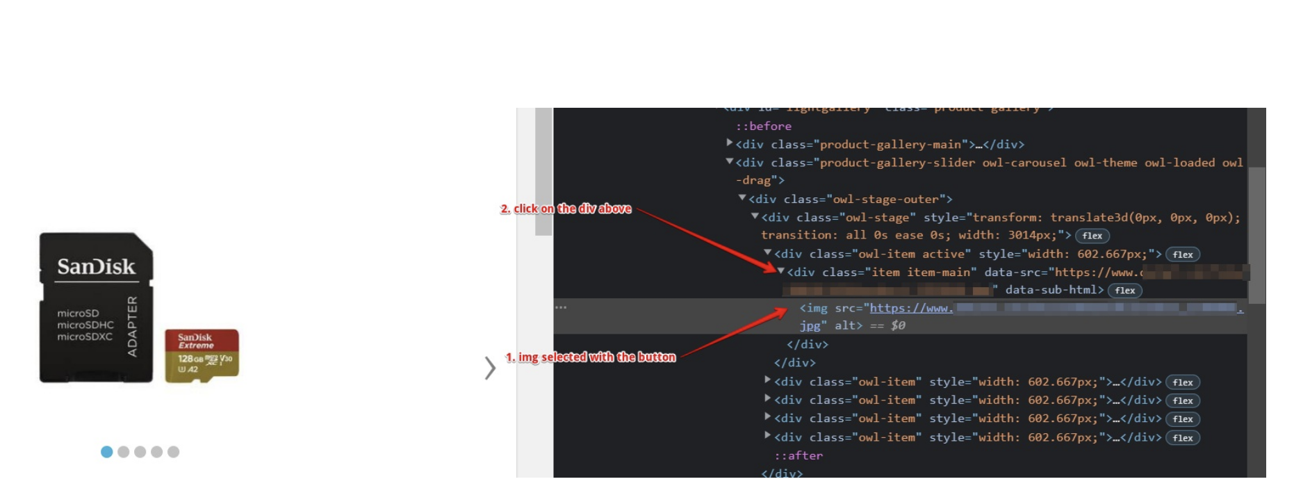 Browser developer tools with the product image element highlighted, and the parent div element selection process. Show the code structure with arrows indicating which element to select.
