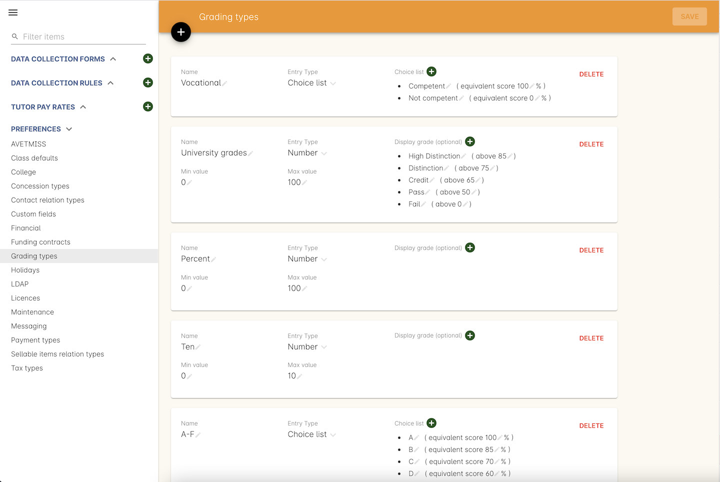 Figure 417. The grading types section in Preferences. Create your own grading types here.