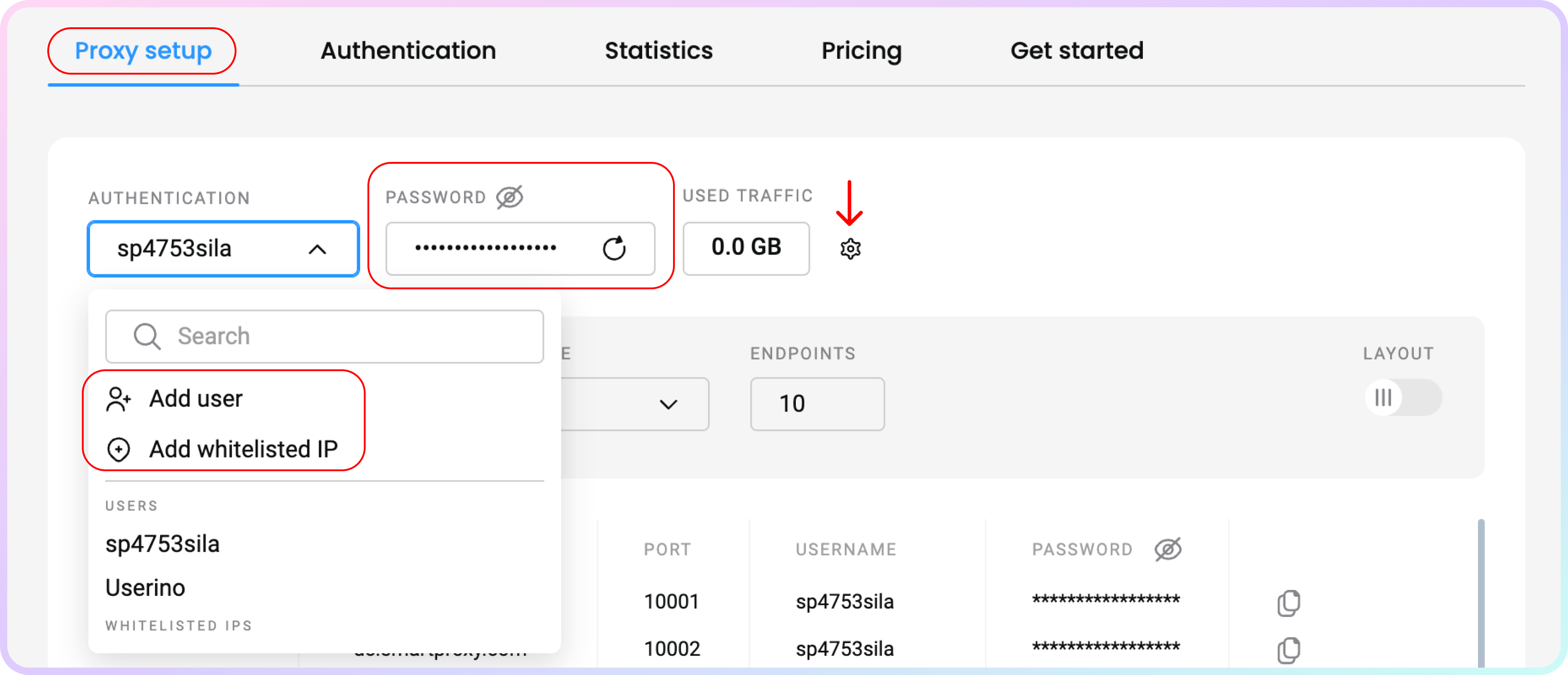 Proxy setup section – proxy user management.