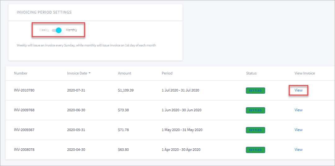 Screenshot of viewing invoices