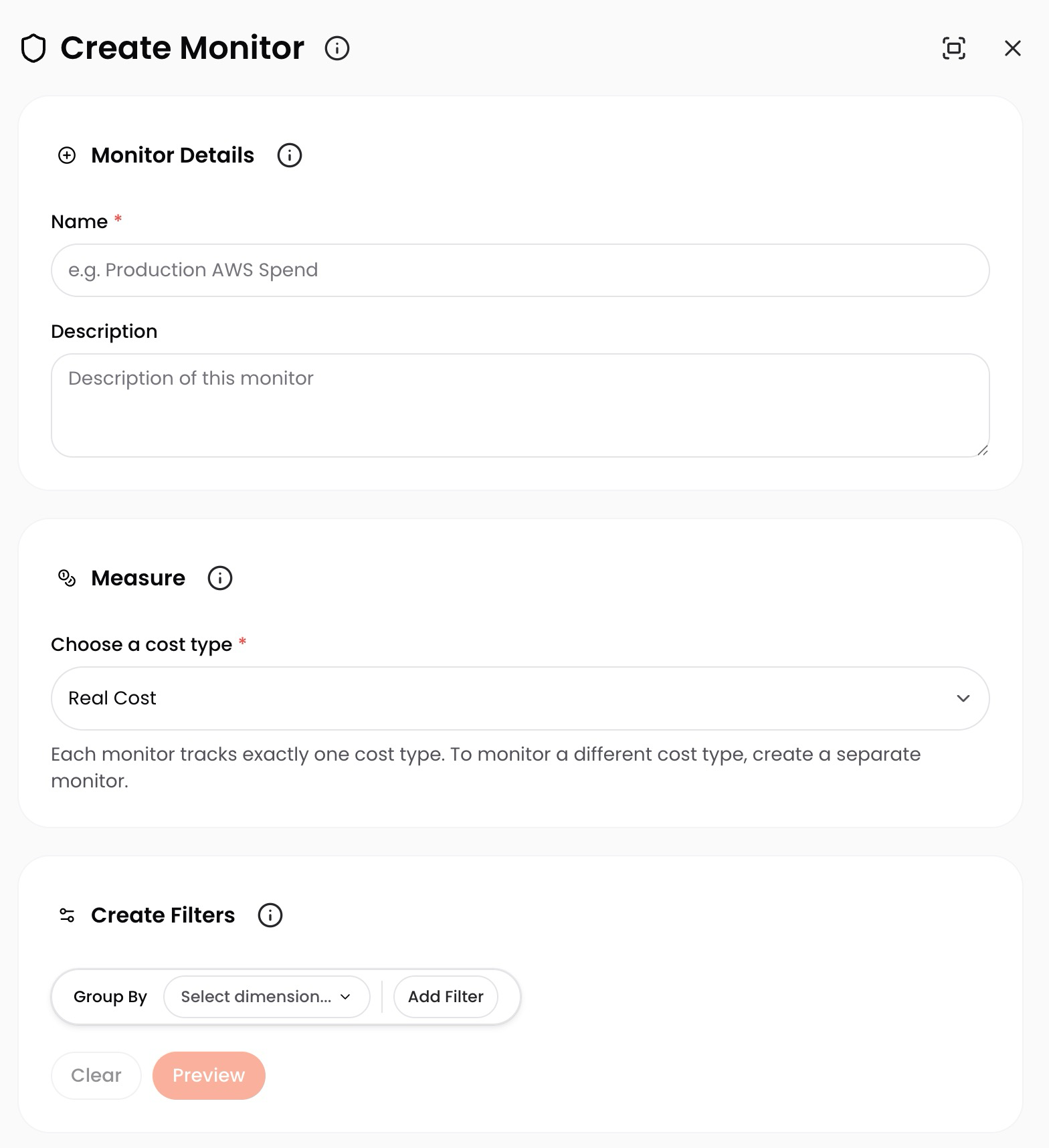 CloudZero Create Monitor drawer showing Cost Type, Group By, filters, cost preview, thresholds, and notification recipients