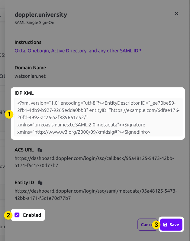 Screenshot of Doppler UI for SAML configuration modal