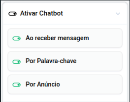 Formas de acionar o Chatbot:
Ao receber uma nova mensagem.
Por palavra-chave.
Por anúncio.