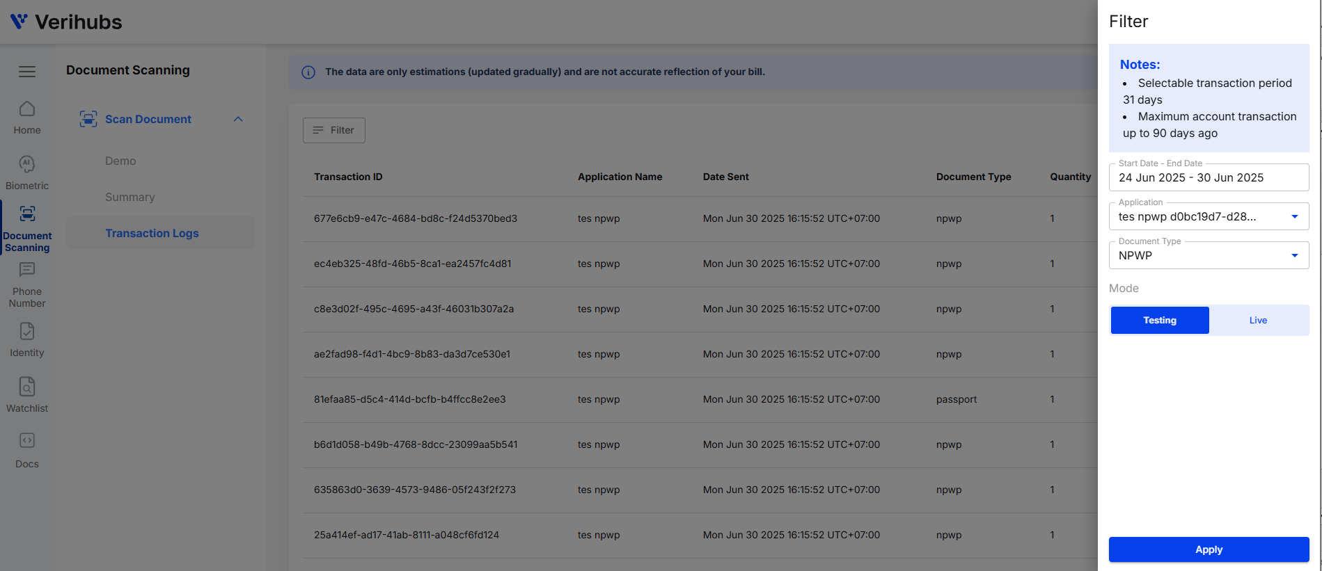 Filter for Transaction Log of Document Scanning
