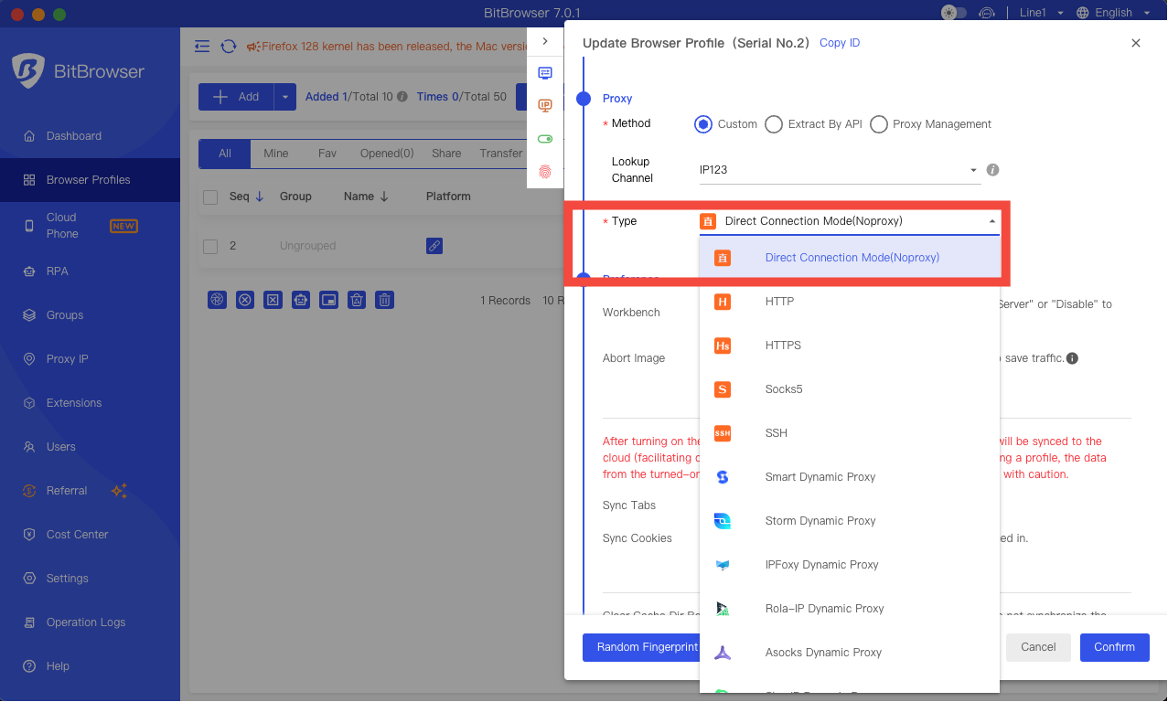 Selecting the proxy type