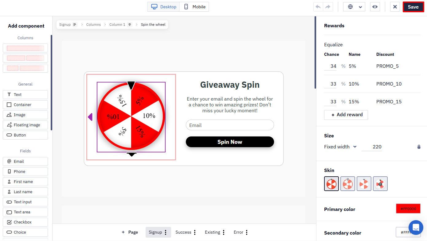 Widget editor with the Save button highlighted in the top right corner while editing a Giveaway Spin widget