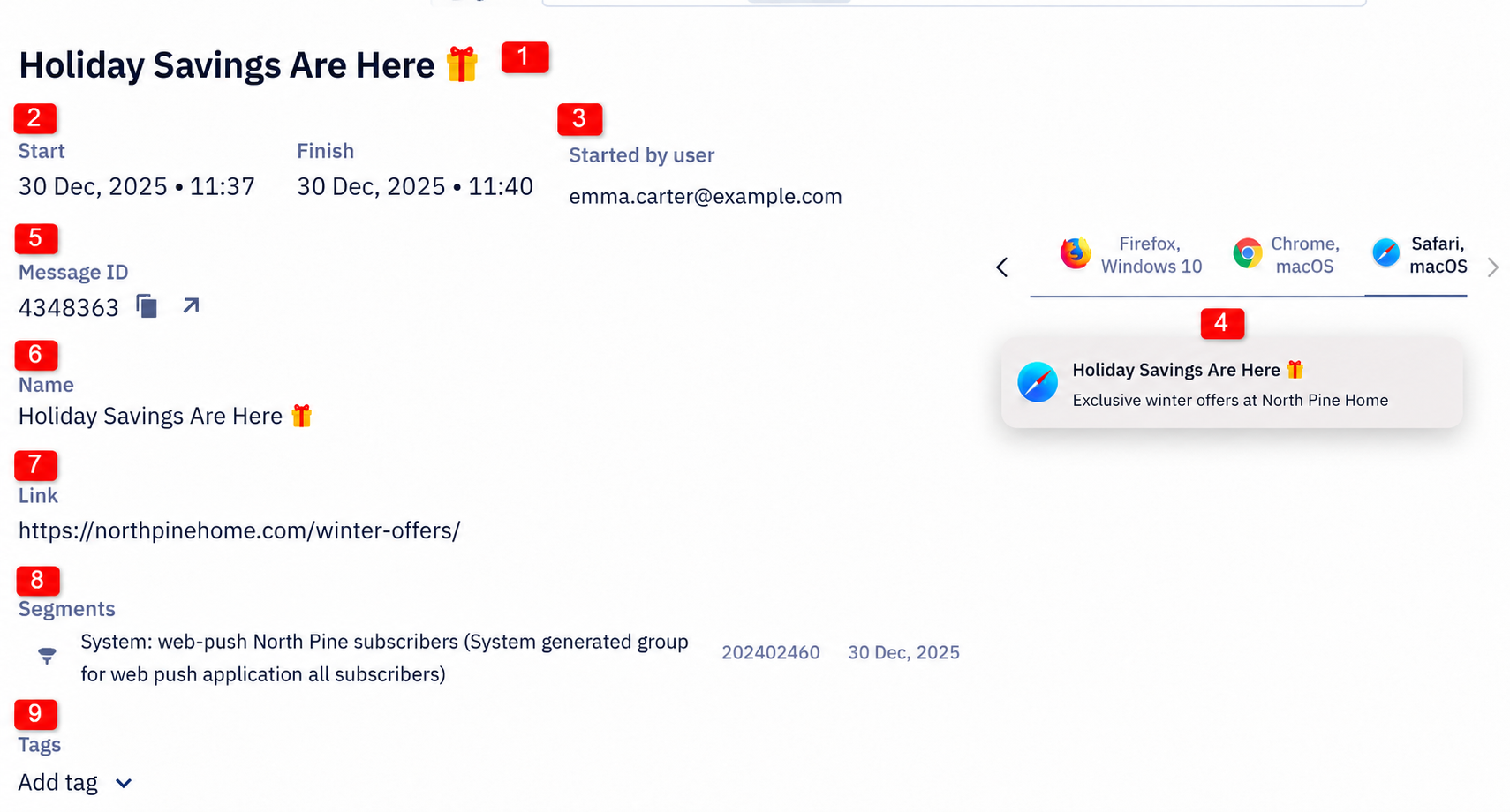 General information section of the Web Push campaign report