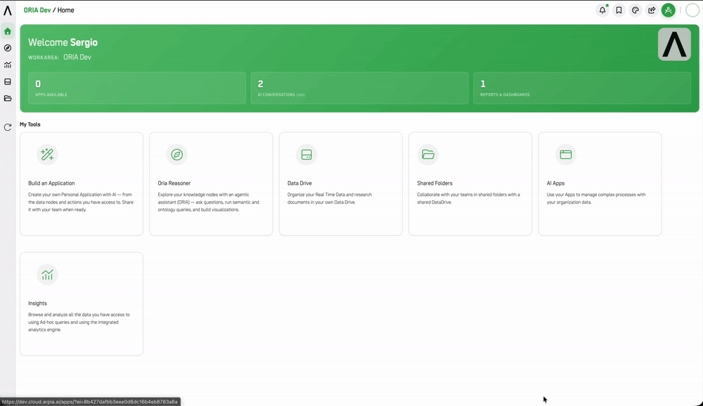 Screenshot: ORIA Reasoner tool card on ARPIA Home