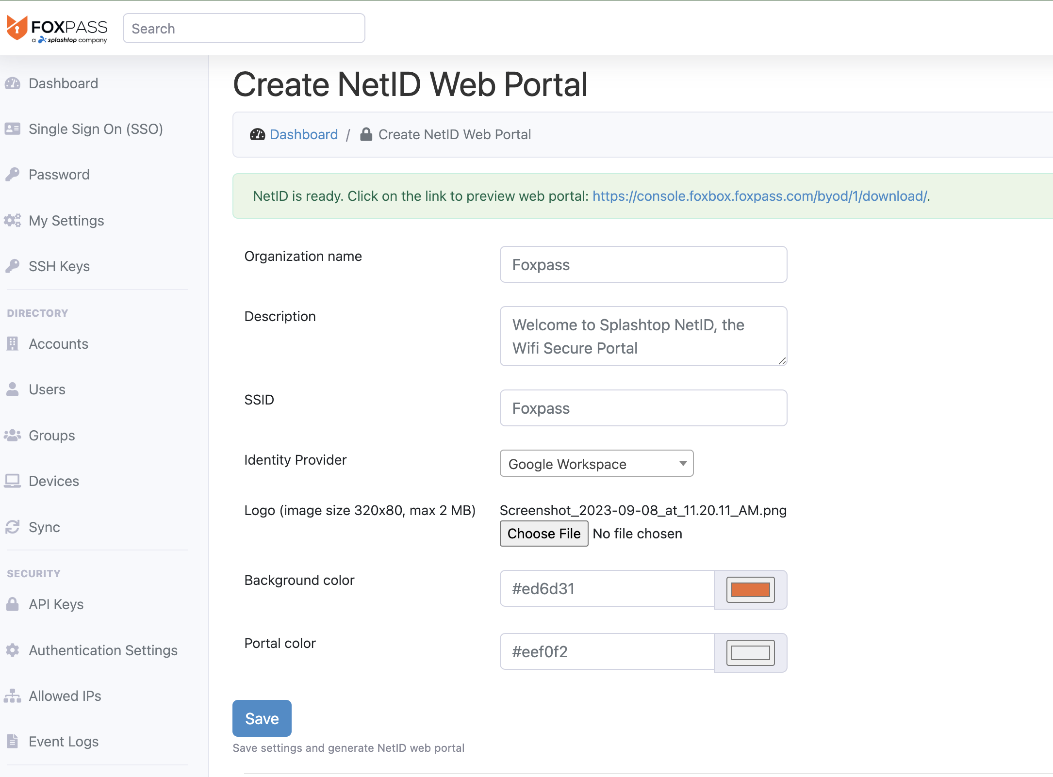 NetID Web ポータルのサンプル