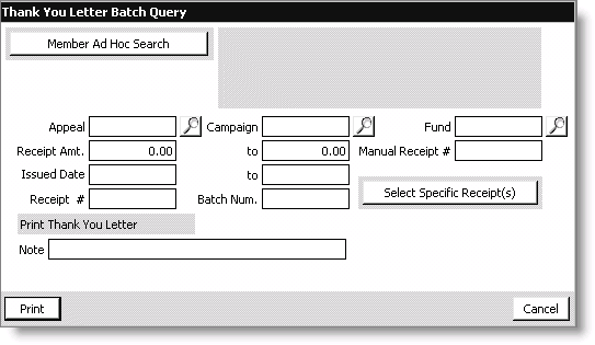 Thank You Letter Batch Query window