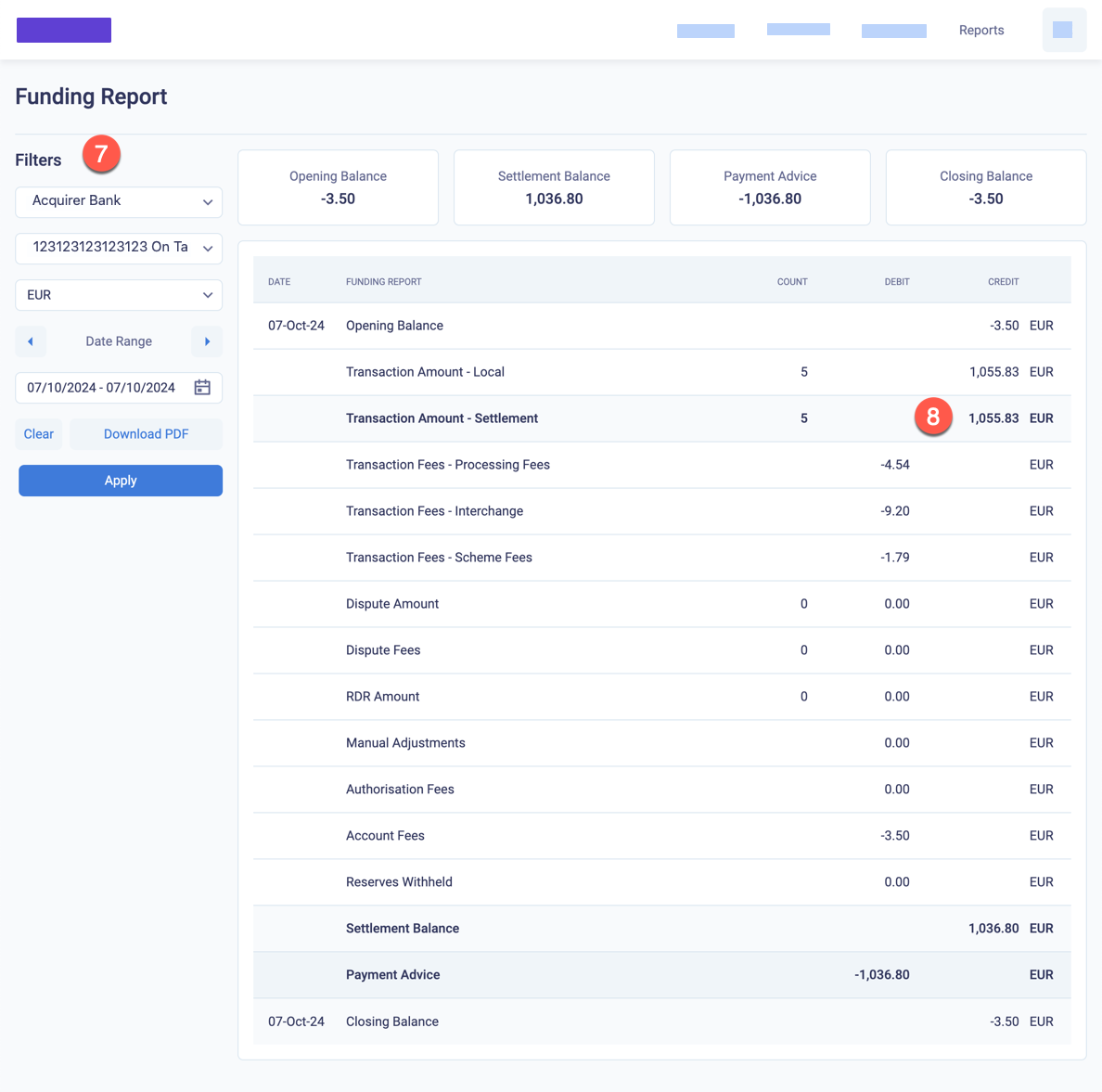 Funding report with settlement balance