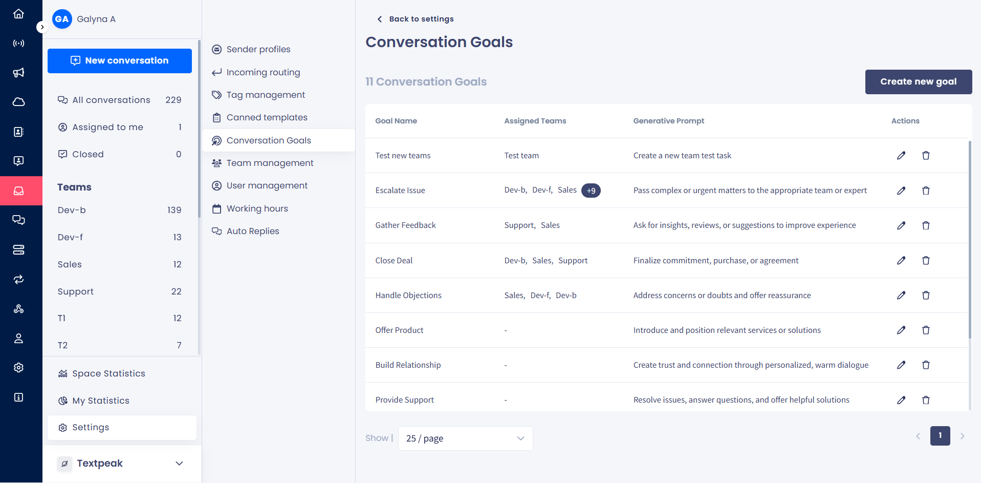 A screenshot of the Inbox > Settings > Conversation Goals page