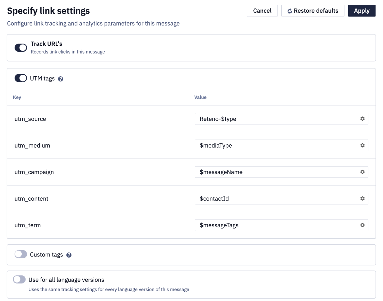 Link settings of an email