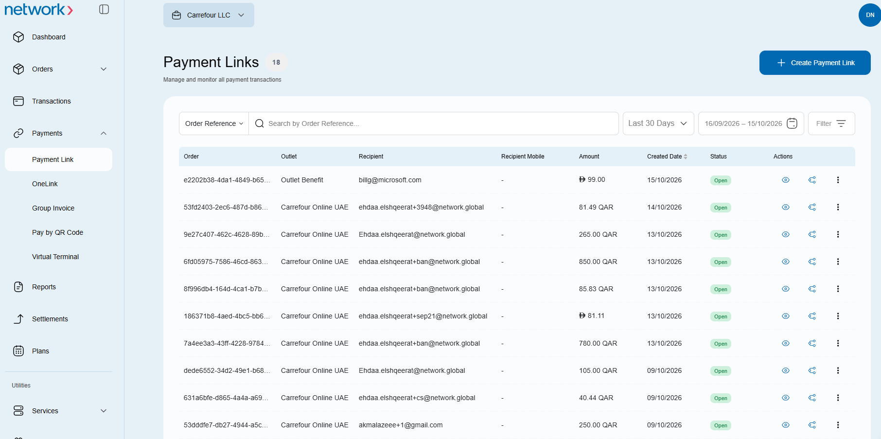 Payment Links table showing a newly created link