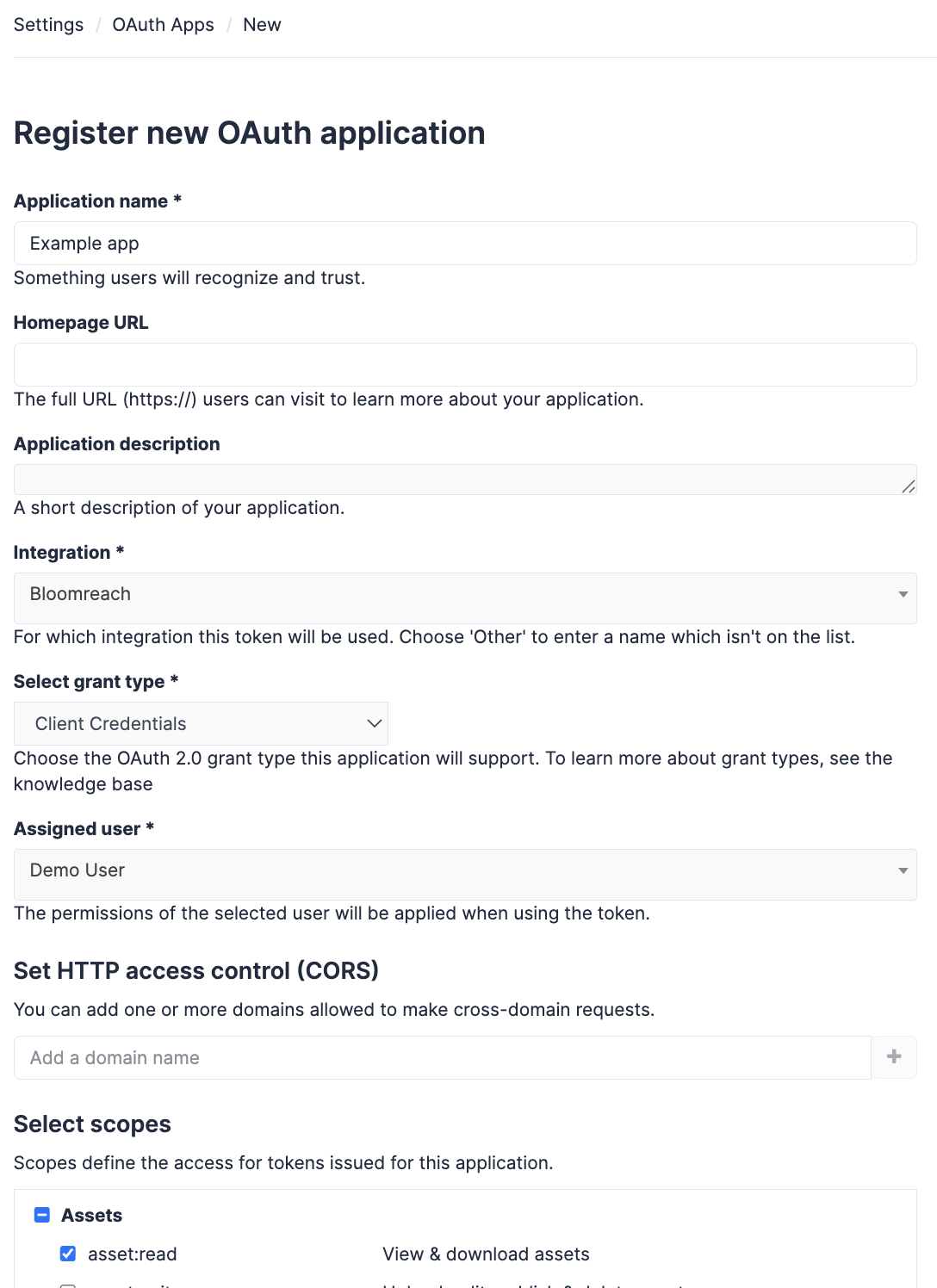 Register new Bynder OAuth application in portal advanced settings