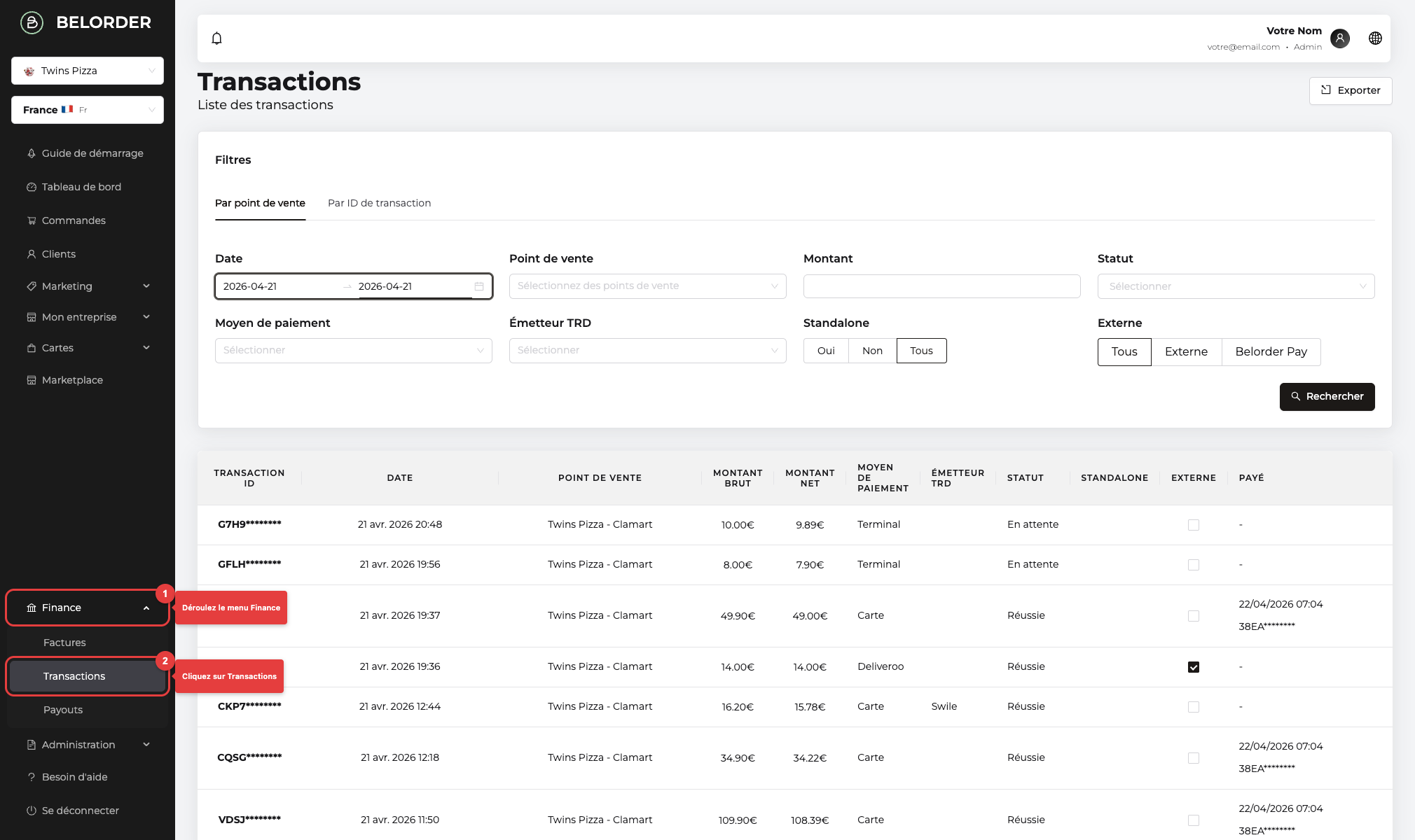 Accès à la page Transactions depuis le menu Finance