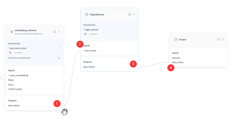 Retriever connected to RegexBooster and then RegexBooster connected to the Output component on Studio's canvas