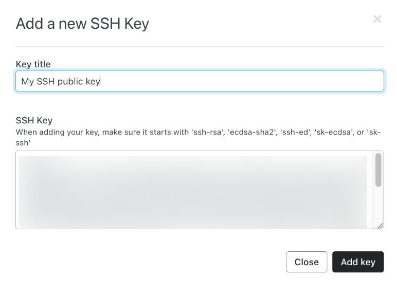 Add new SSH key popup with key title and SSH key text boxes