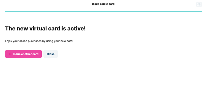 Confirmation page for a virtual card issued