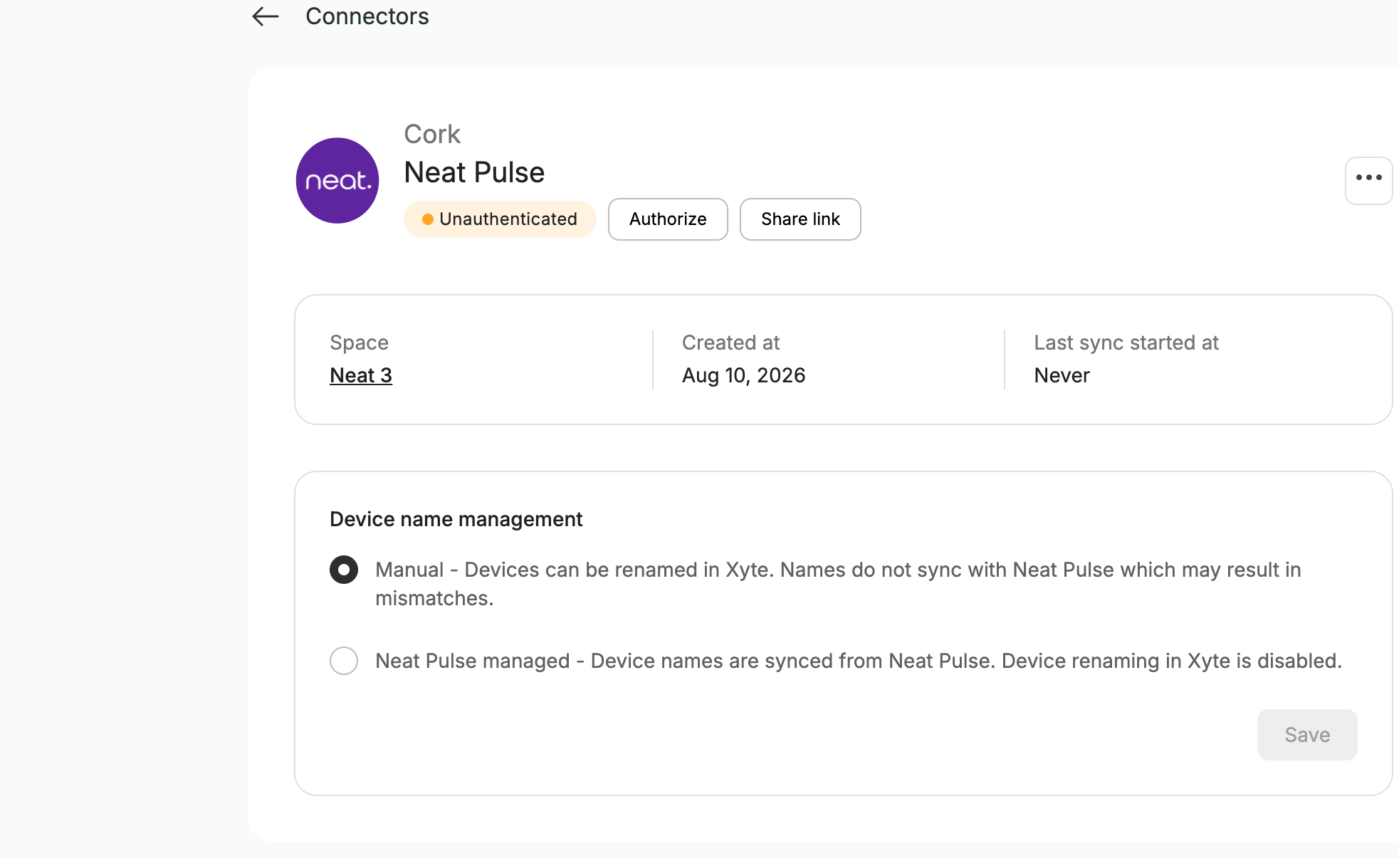 A newly added connector — Unauthenticated, with Authorize and Share link.