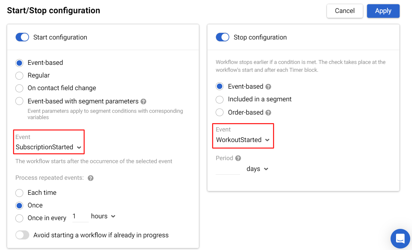 Start and stop configurations