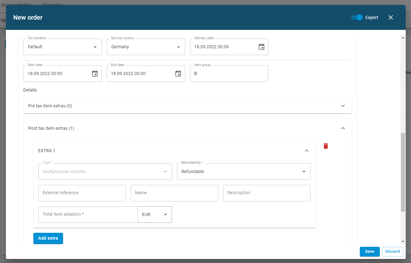 When creating the order, add a "Multi-purpose voucher" as "Post tax item extra" to purchase items of your order.