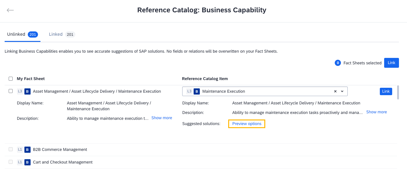 Previewing Suggested SAP Solutions from the Reference Business Architecture Page