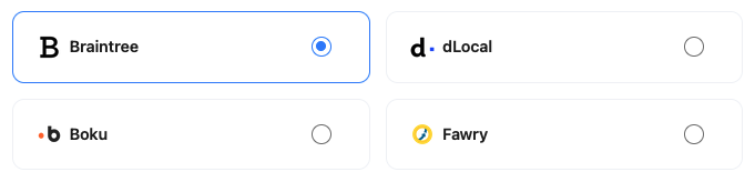 A screenshot showing the Braintree integration selected.