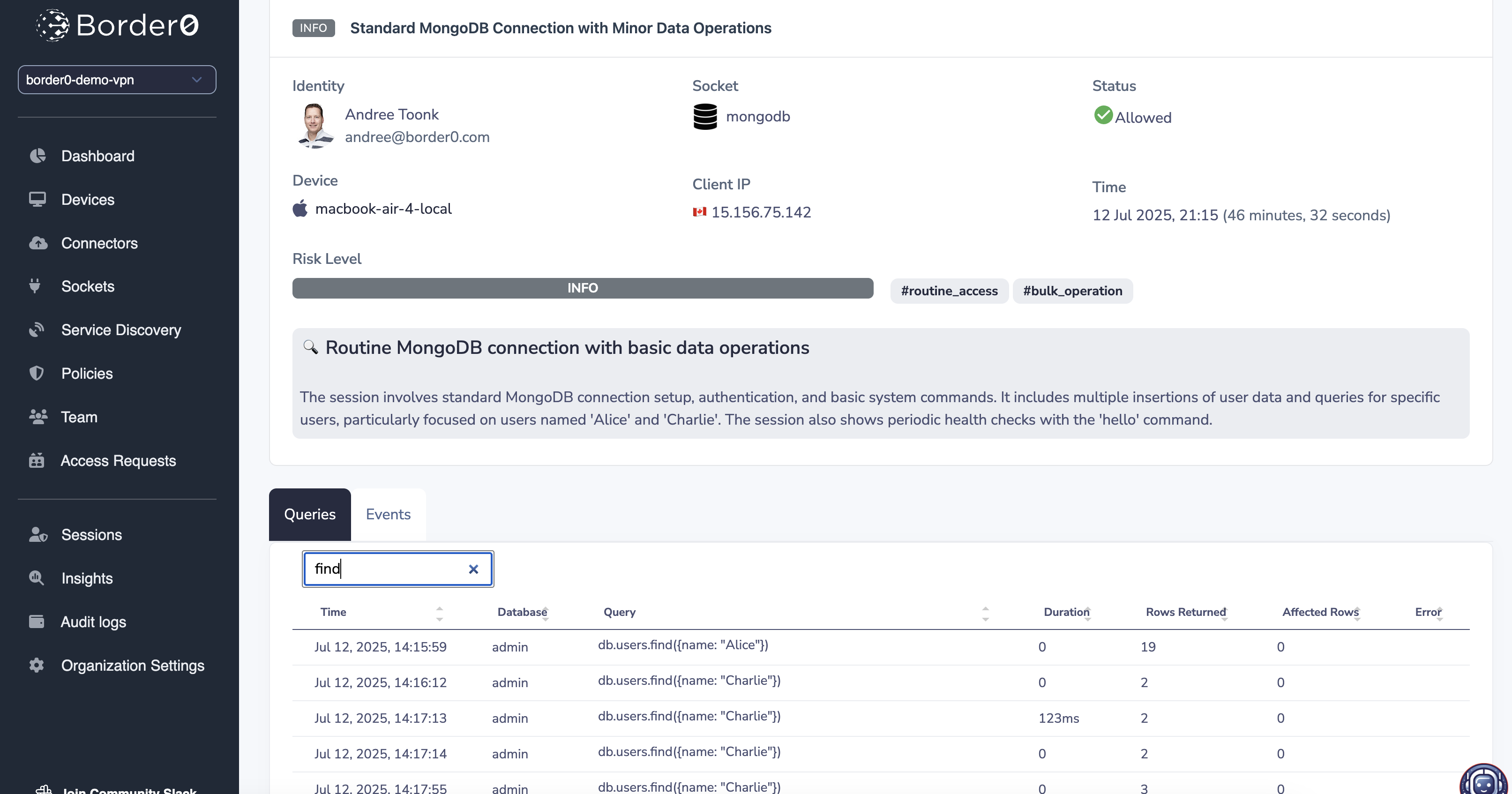 Elasticsearch Session recording in Border0 portal
