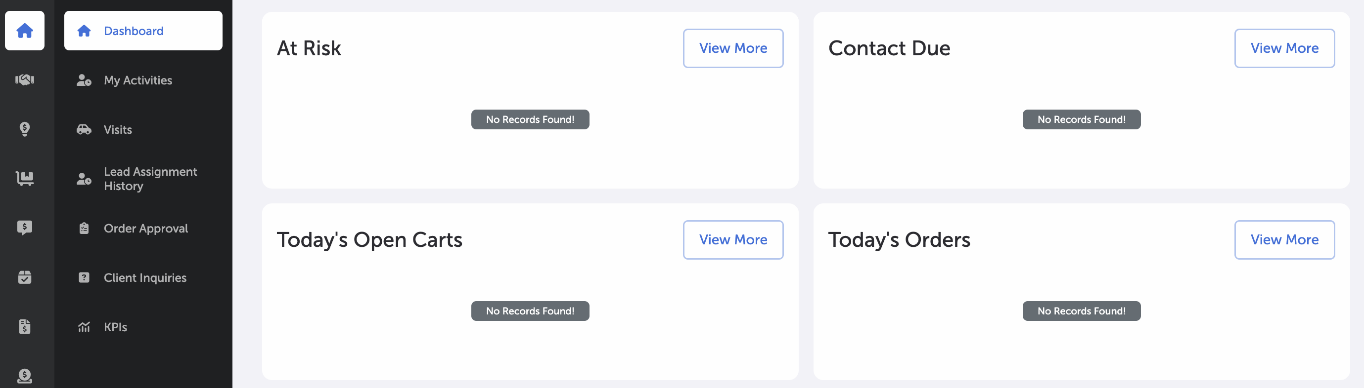 Dashboard - At Risk, Contact Due, Today's Open Carts, & Today's Orders