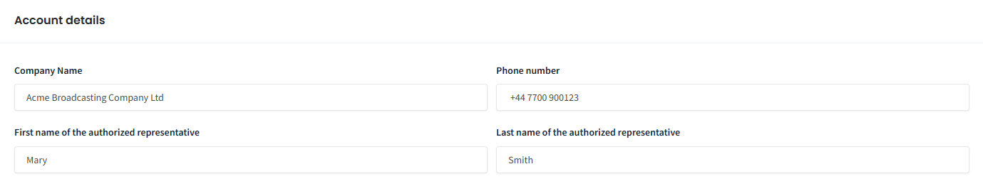 Screenshot of entering personal and company data
