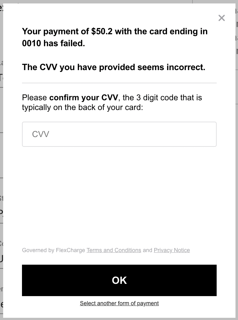 Example of challenge: CVV was incorrect.  
Transaction can be rescued by customer direct input.