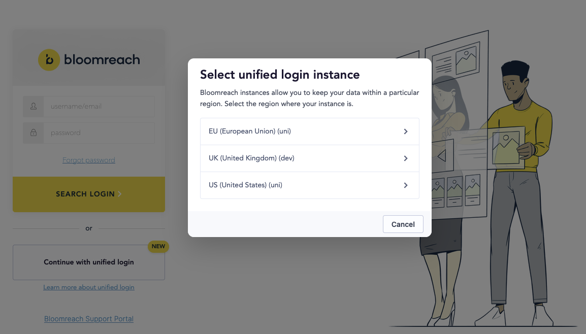Bloomreach unified login interface with region selection modal displaying options for EU, US, UK, CA, and AP regions with Select and Cancel buttons.