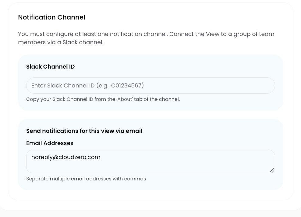 View configuration showing Slack channel and email notification settings