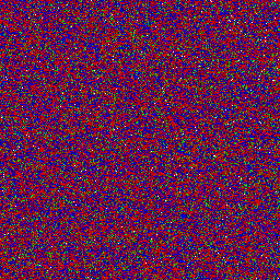 Binary image of a compressed or encrypted blob, an even field of mixed colored dots with no structure anywhere in it