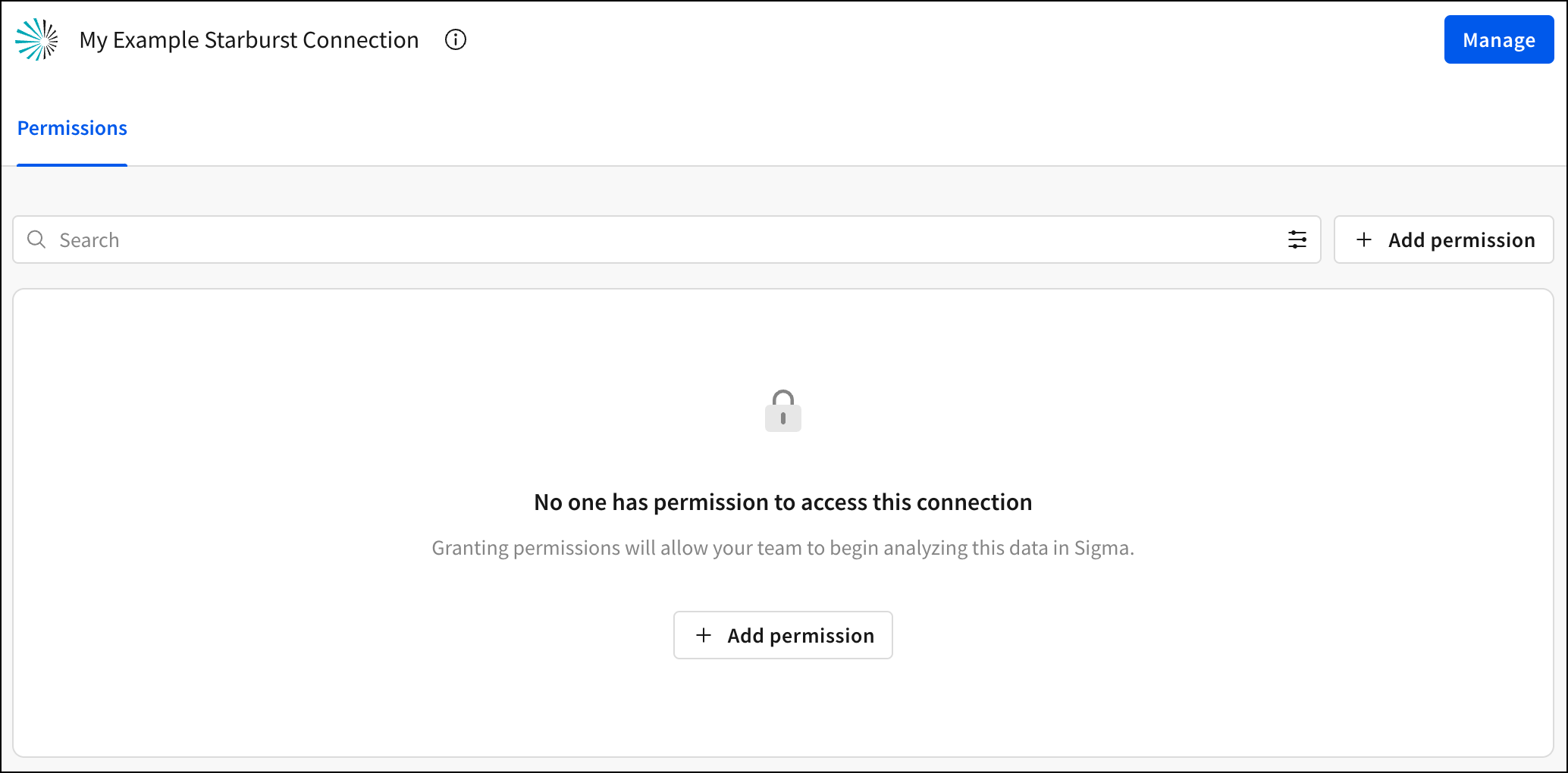 The Permission summary on the connection, showing that no users have access to this connection yet