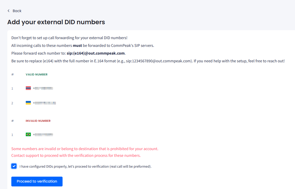 Screenshot of the validation results showing valid and invalid numbers