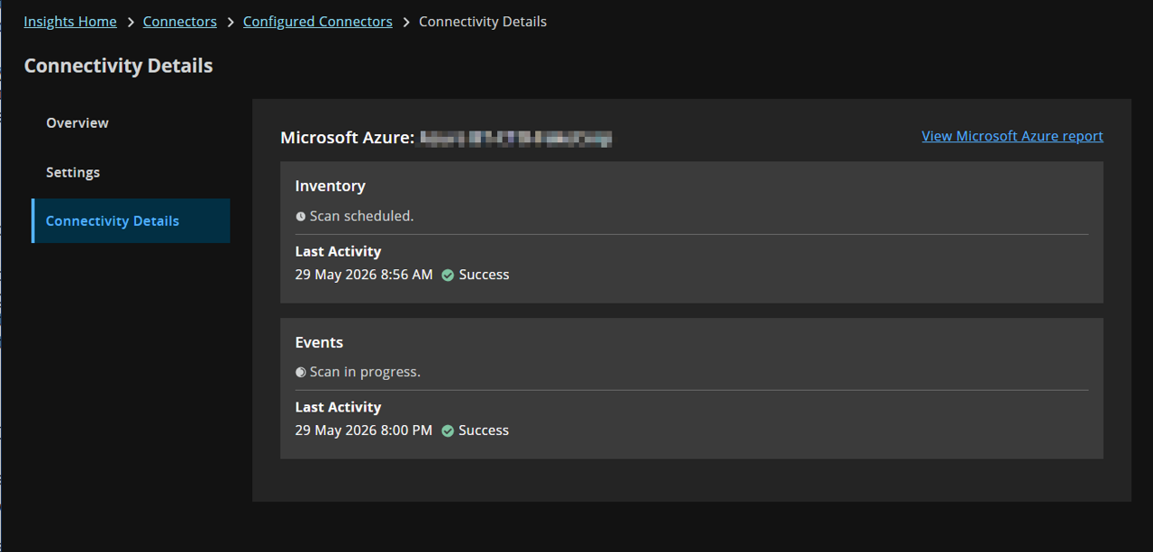 Connectivity Details page showing a scheduled inventory scan and an in-progress events scan for Microsoft Azure