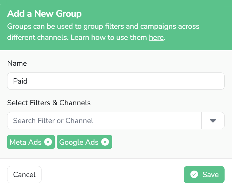 The group editor with the name Paid and the Google Ads and Meta Ads filters selected