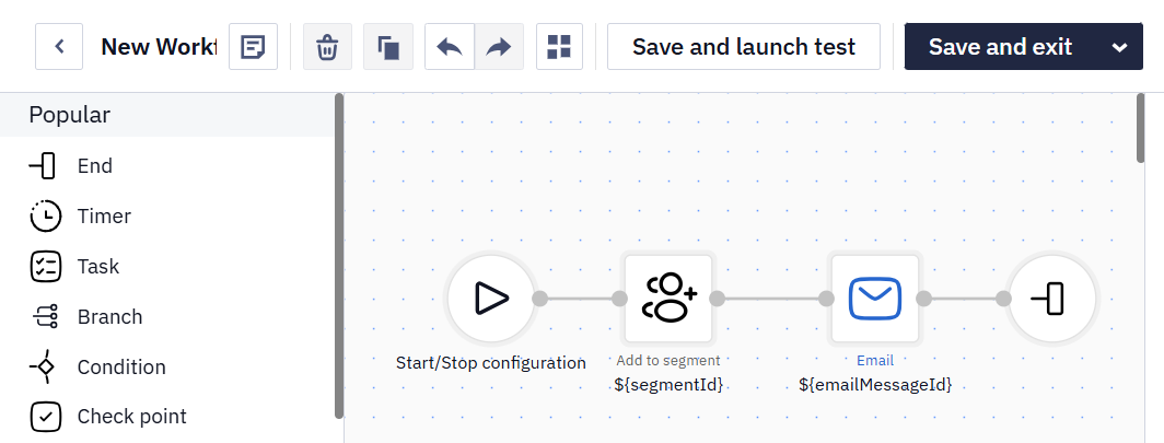 Workflow example triggered by a click on the Learn more button with Add to segment and Email blocks